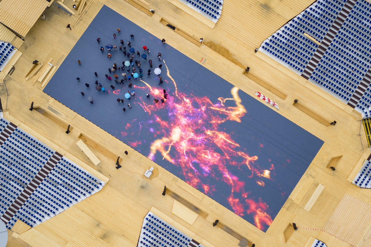 Vista aérea del piso con sistema LED para la arena de la Fête des Vignerons.