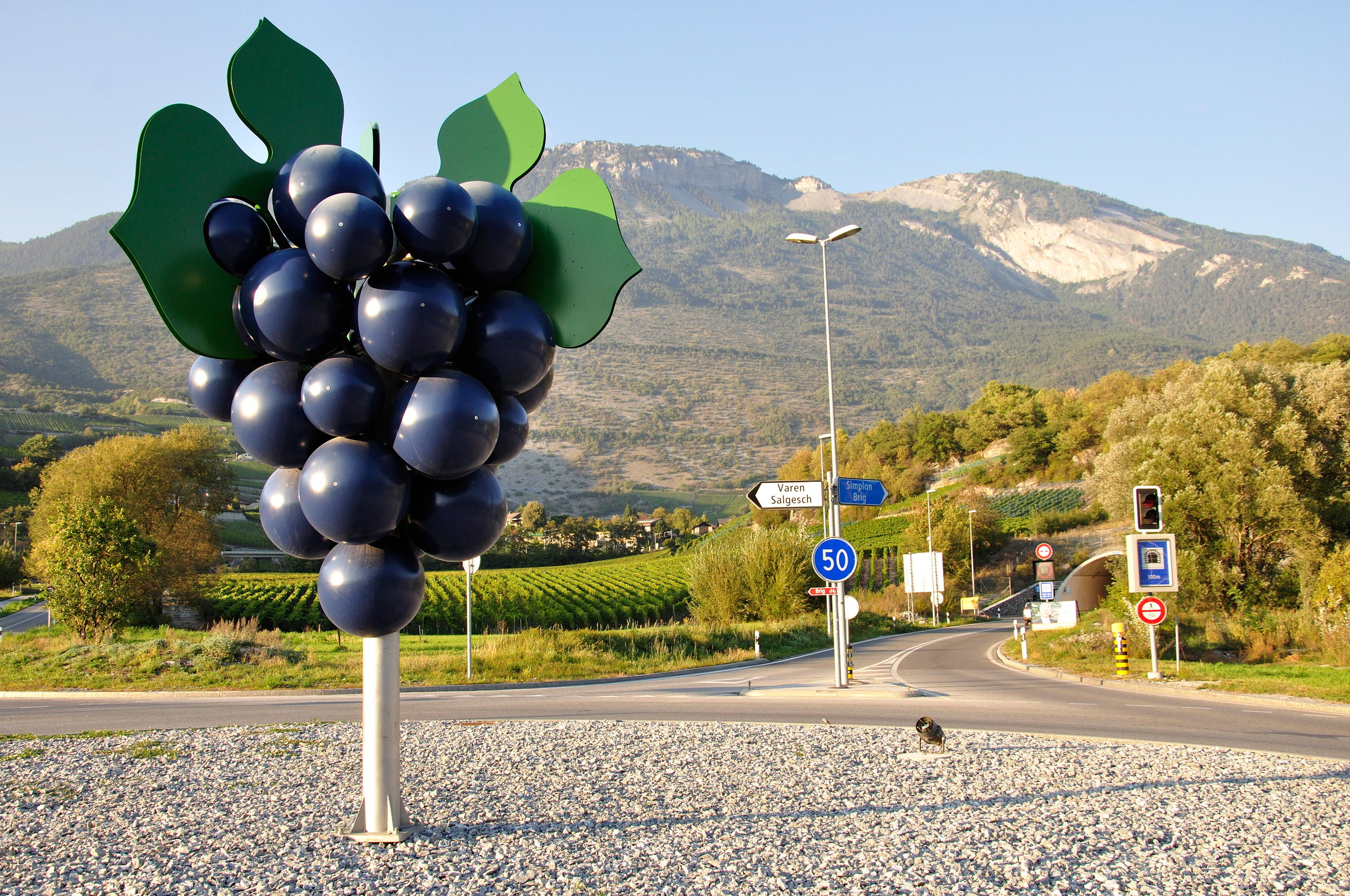 A sculpture of a bunch of grapes on a graveled roundabout