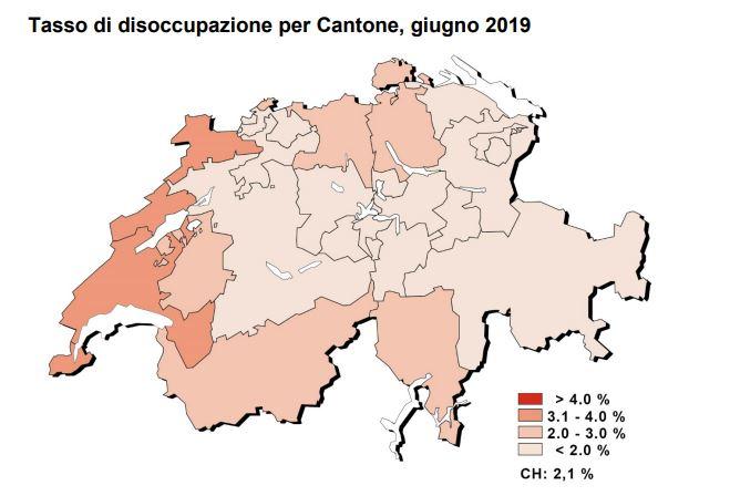Cartina delle percentuali di disoccupati per cantone