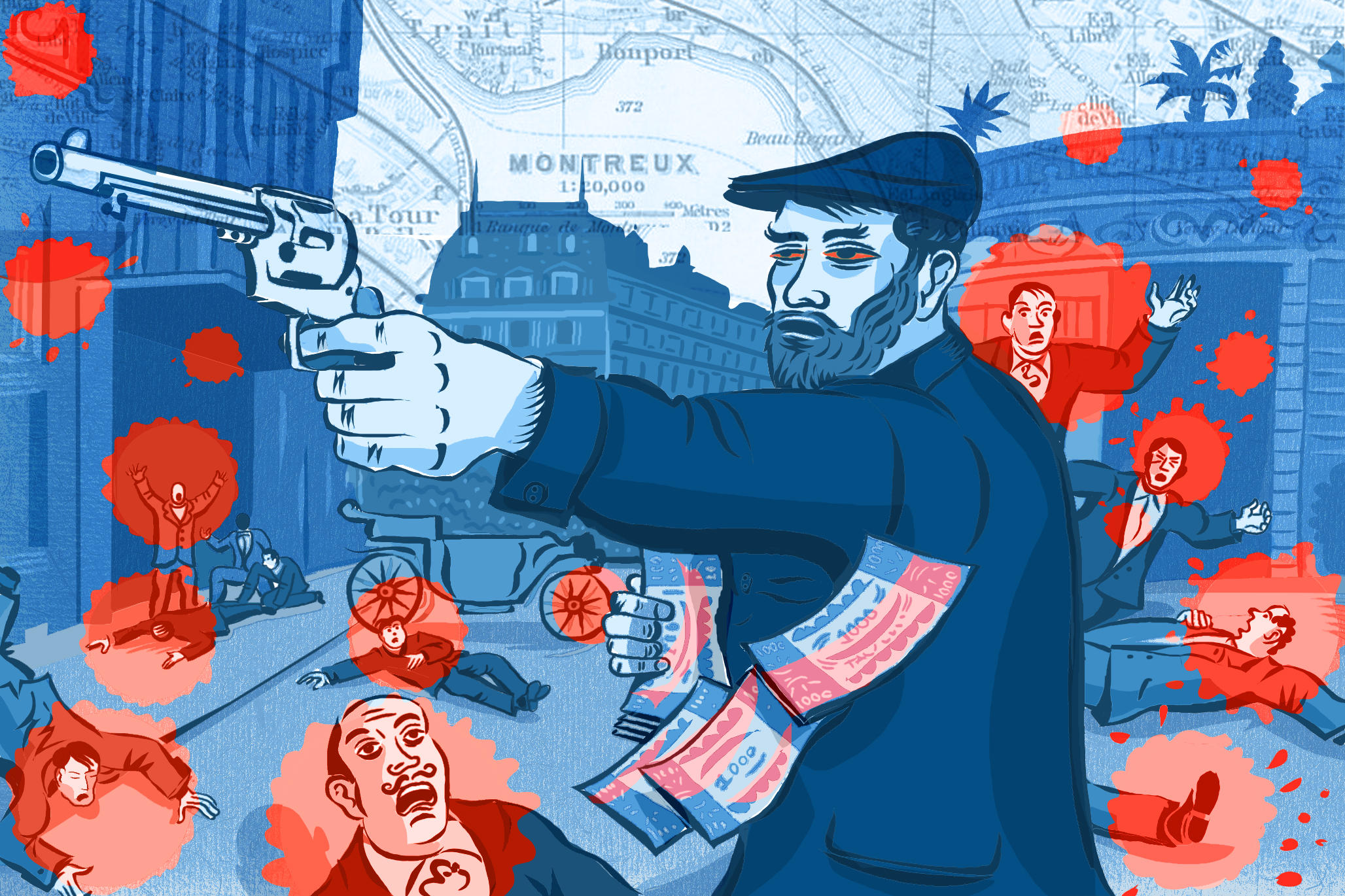 Ilustración en color de un hombre con barca que apunta con una pistola en la mano