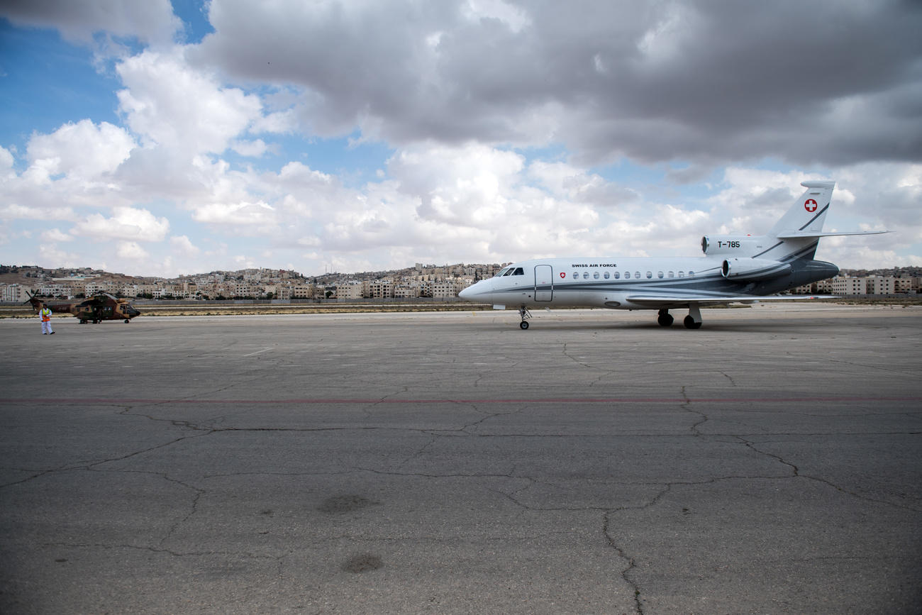 Swiss government jet waiting at Amman airport in Jordan