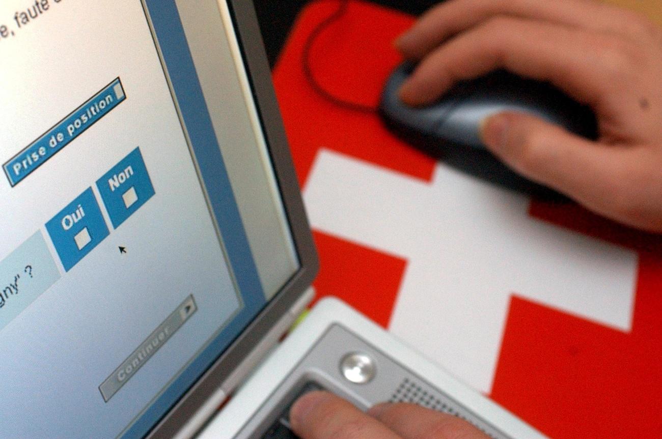 computer screen and mouse pad with Swiss flag