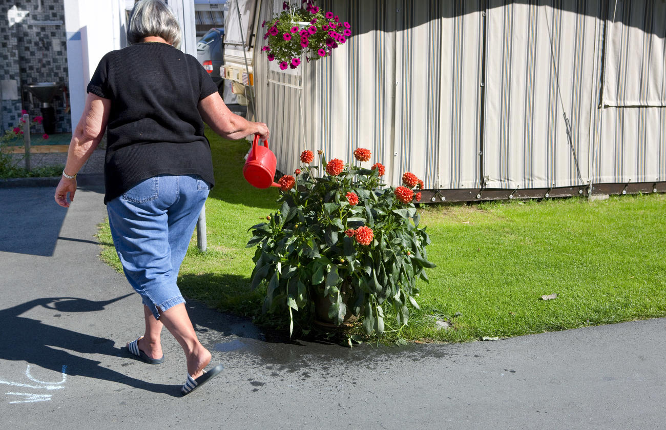 Frau giesst Blumen vor Vorzelt