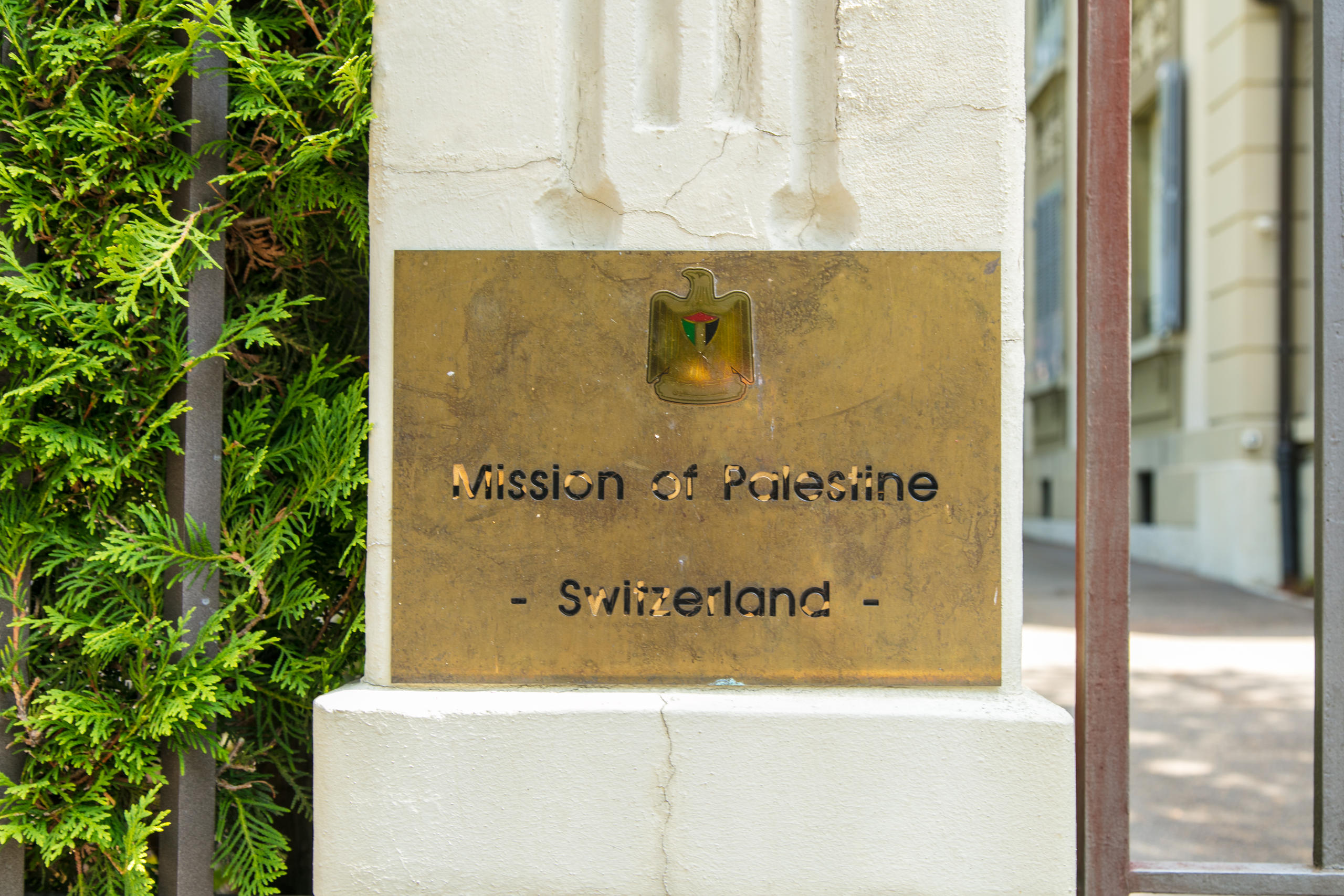 faded plaque outside Palestinian mission