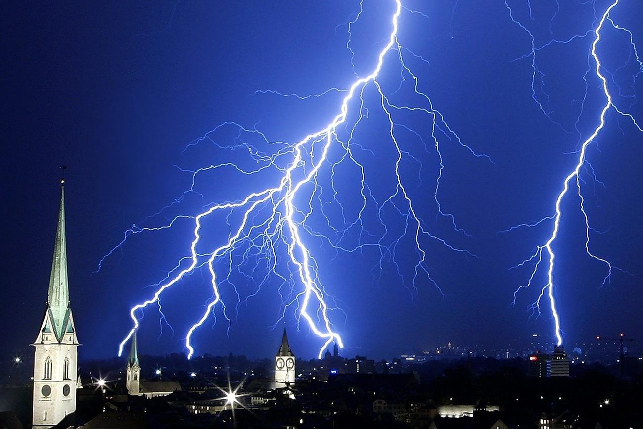 Bolt of lightning over the city of Zurich