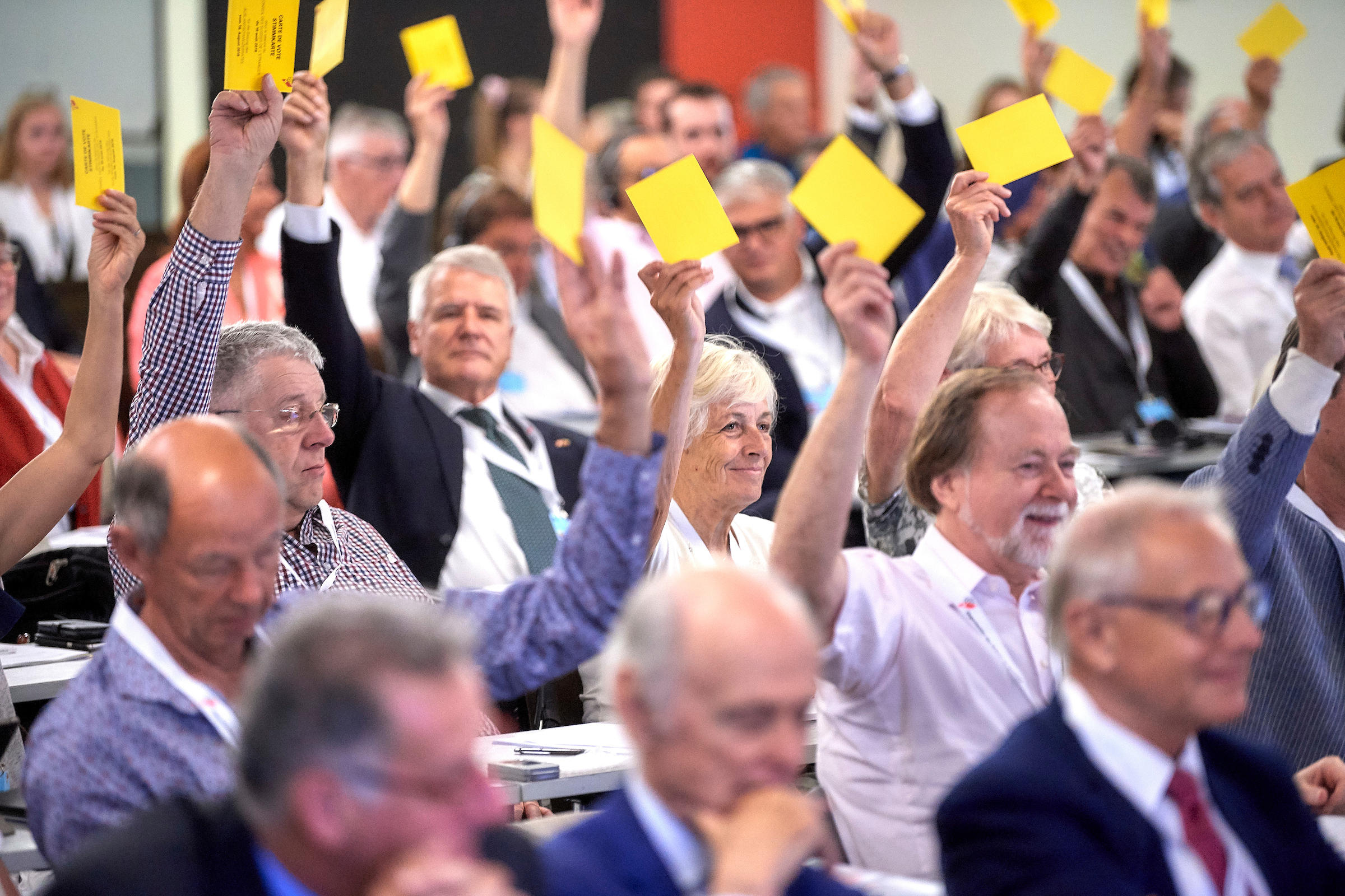 Menschen halten Abstimmungskarten in die Luft