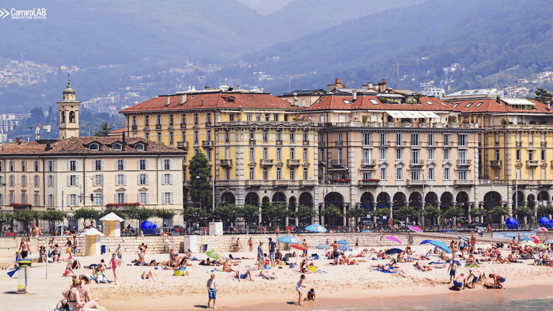 Immagini alternate del litorale di Lugano con e senza elaborazione grafica di una spiaggia