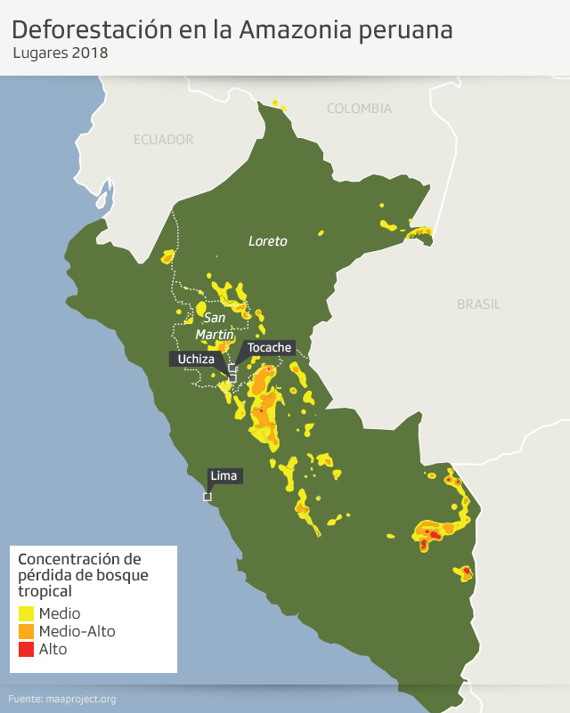 Mapa de la deforestación en la Amazonia peruana