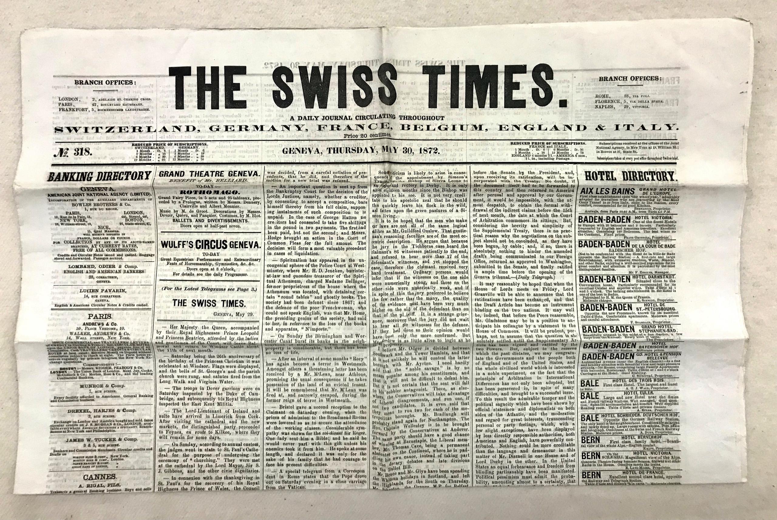 ジュネーブに住んだ米国人ジェームズ・ベイツが設立した新聞社「The Swiss Times」の新聞