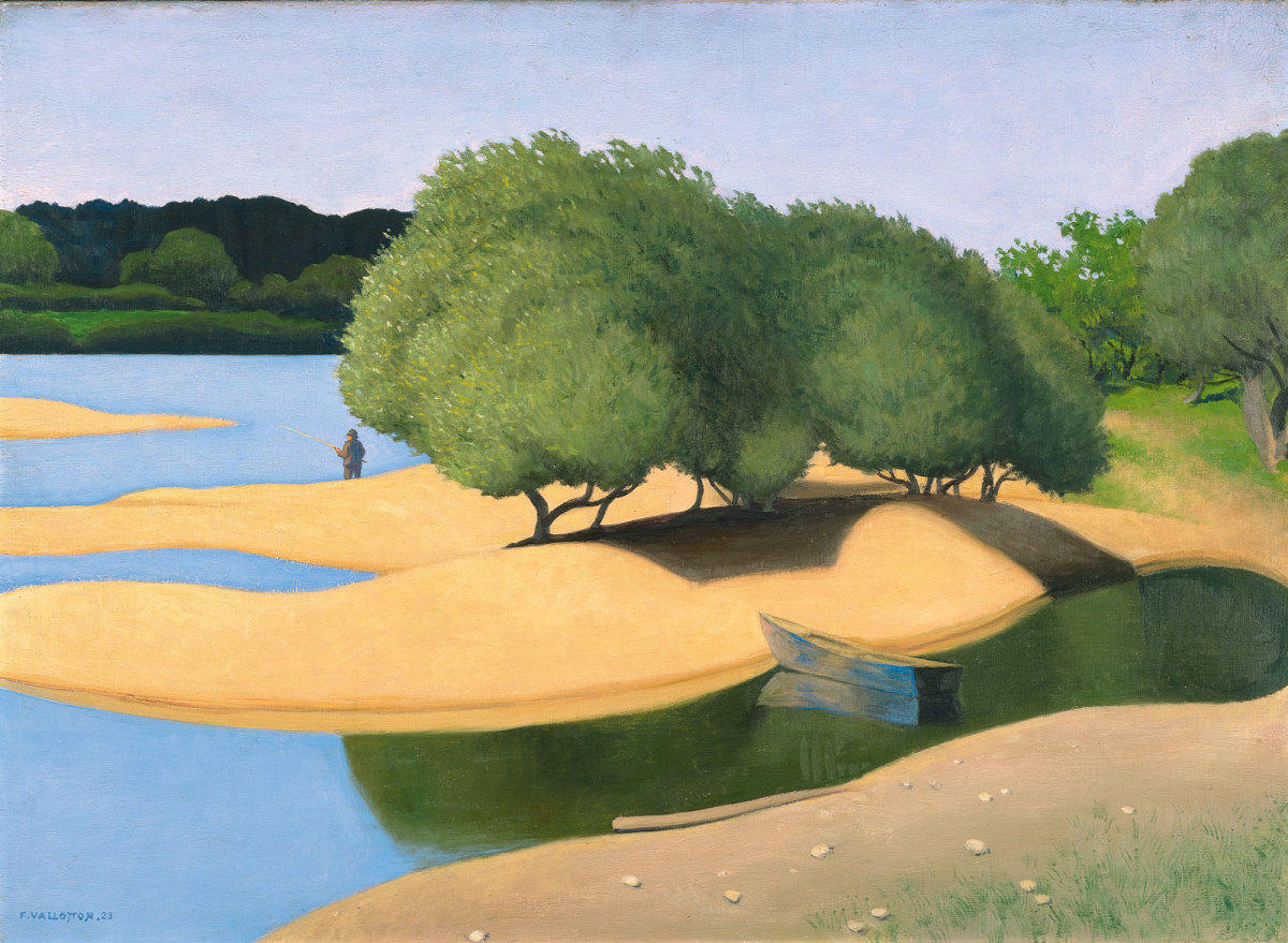لوحة تظهر أشجارا على ضفاف بحيرة.