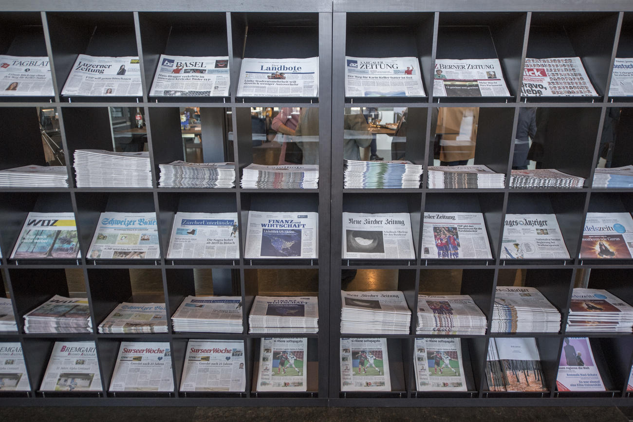Swiss daily and weekly newspapers on a stand at the Swiss Media Forum