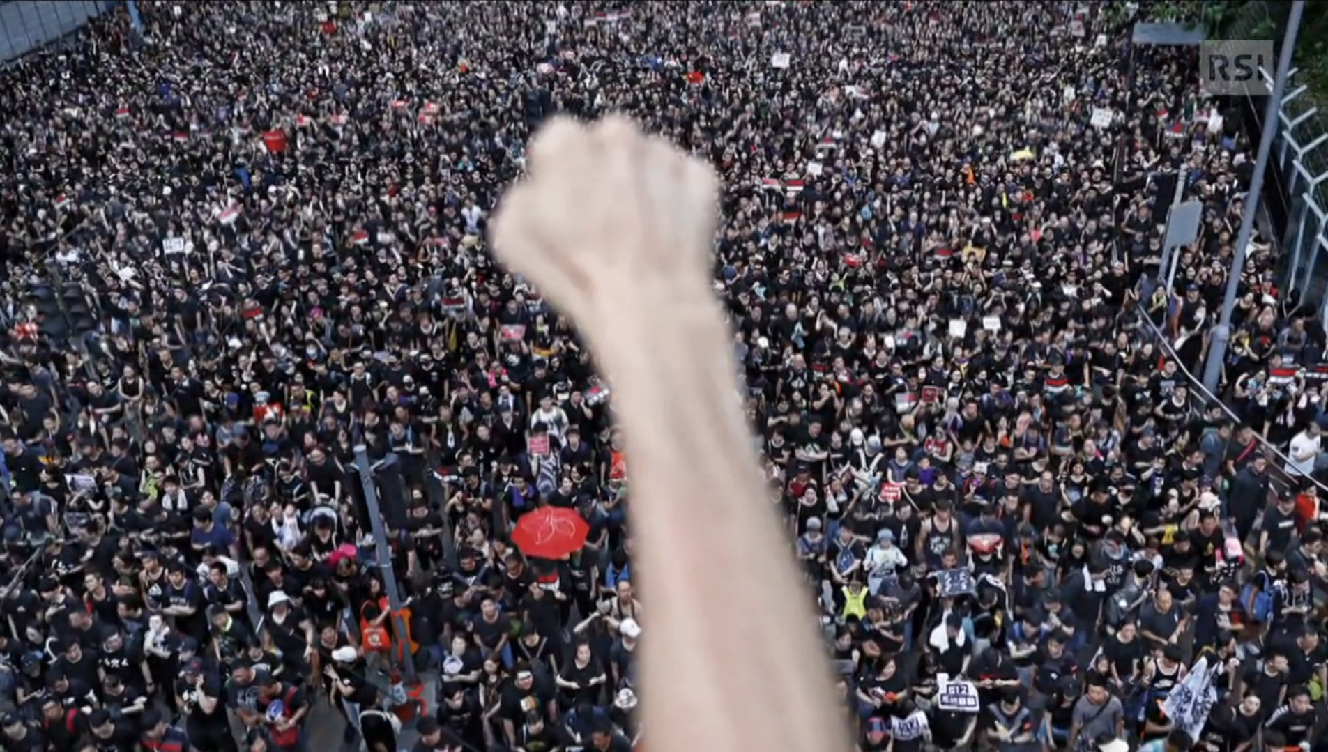 Una folla di manifestanti vista dall alto con in primo piano, sfuocato, un braccio col pugno chiuso alzato