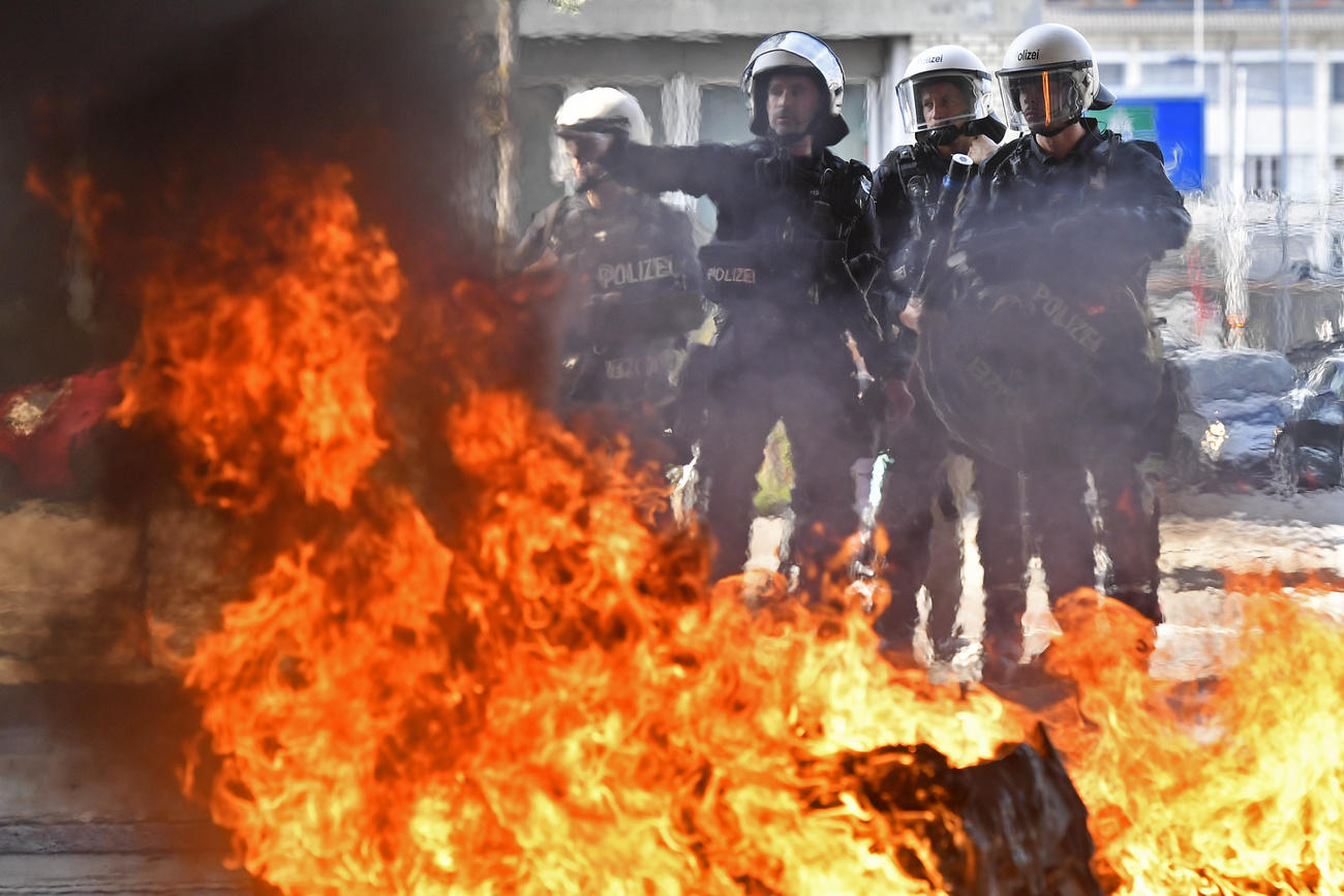 Police put out a fire