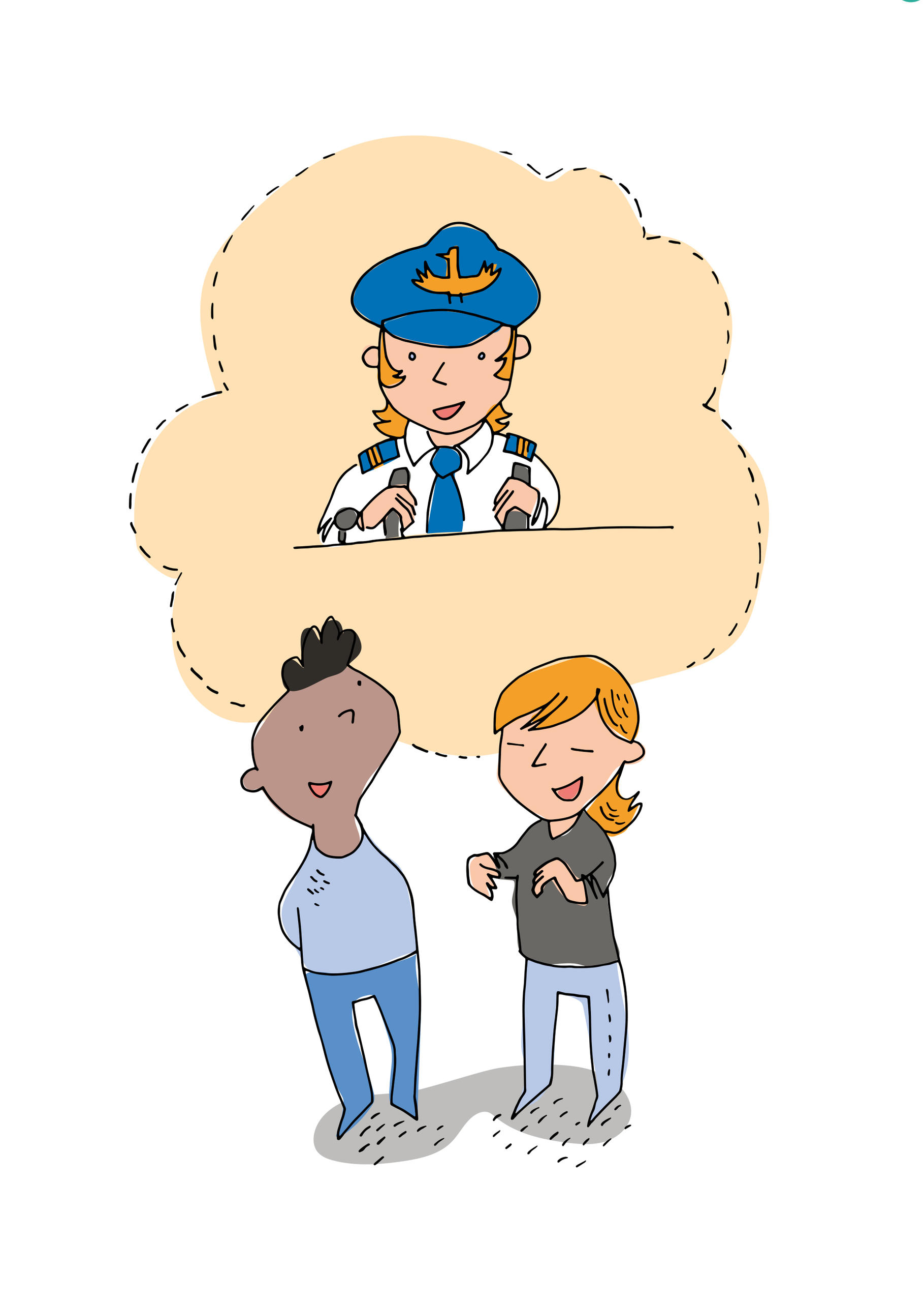 (fumetto) una ragazzina e un ragazzino parlano; dietro di loro in una nuvola il ritratto di una pilota civile di aerei