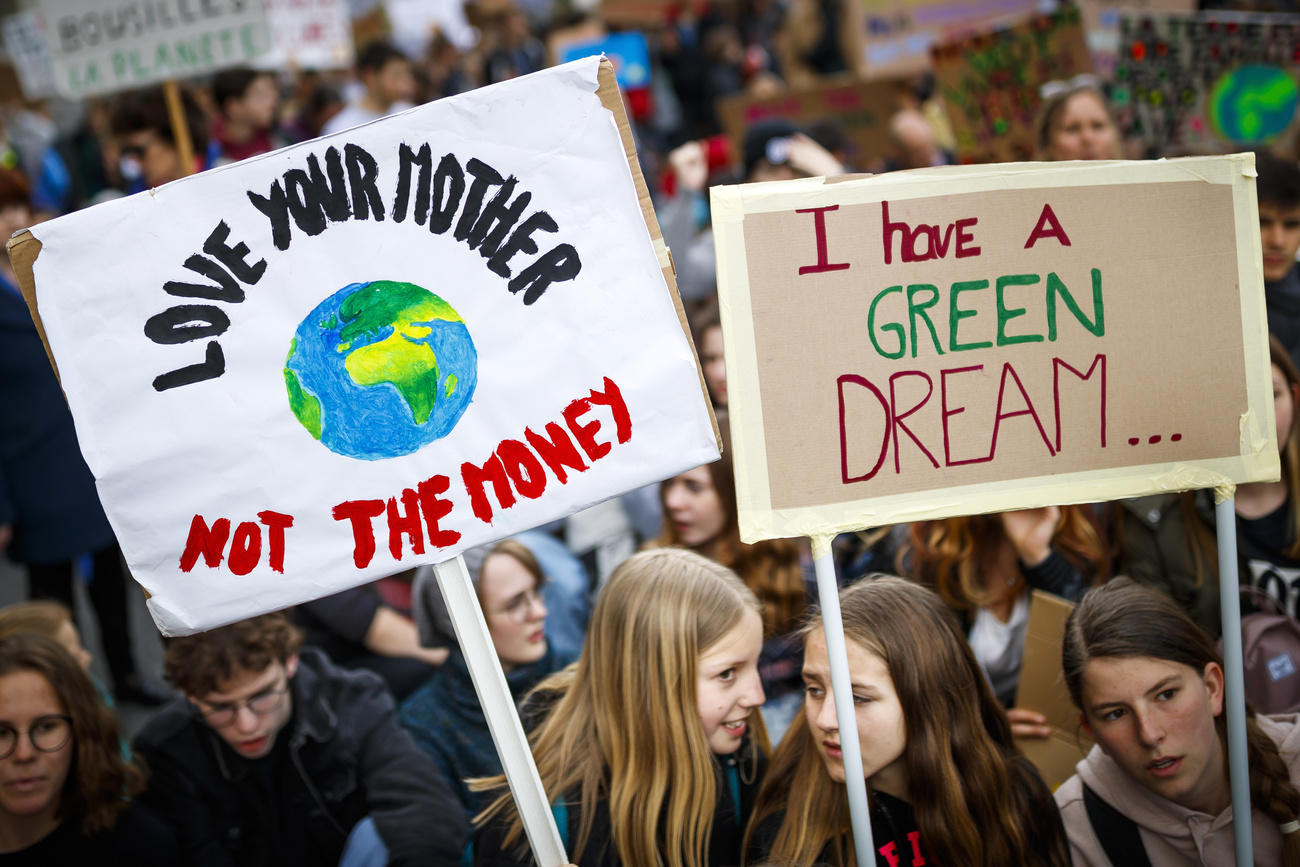Young climate demonstrators with placards