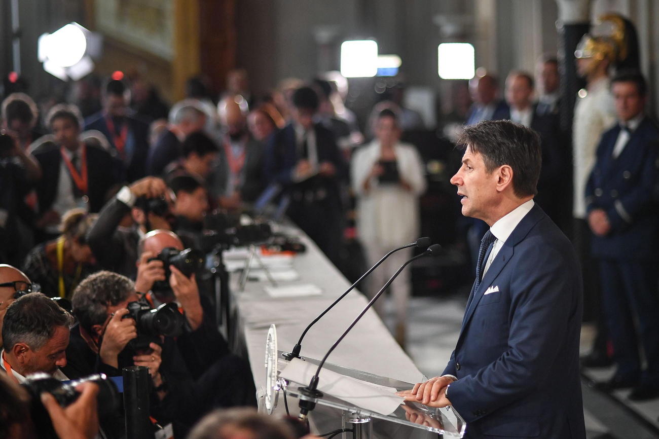 Giuseppe Conte alla conferenza stampa al Quirinale dopo che ha sciolto le riserve per la formazione del nuovo governo.
