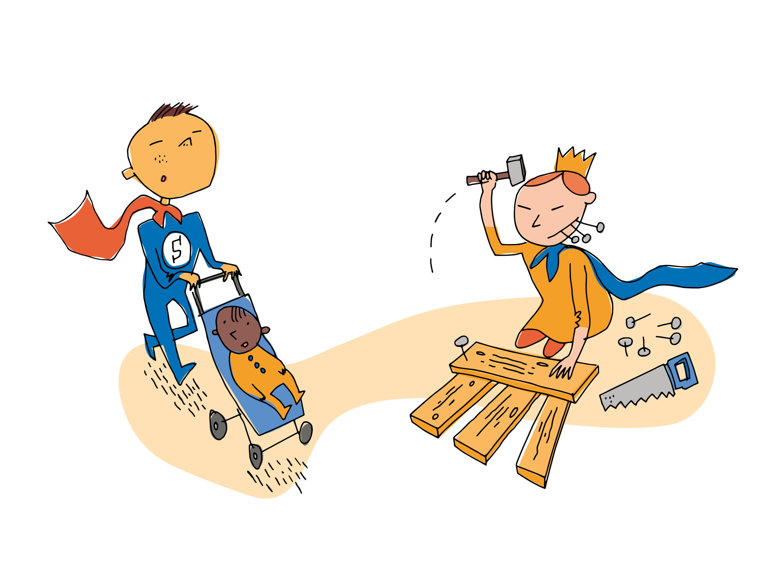 (fumetto) ragazzo vestito da Superman spinge un passeggino e ragazza vestita da principessa costruisce qualcosa col legno
