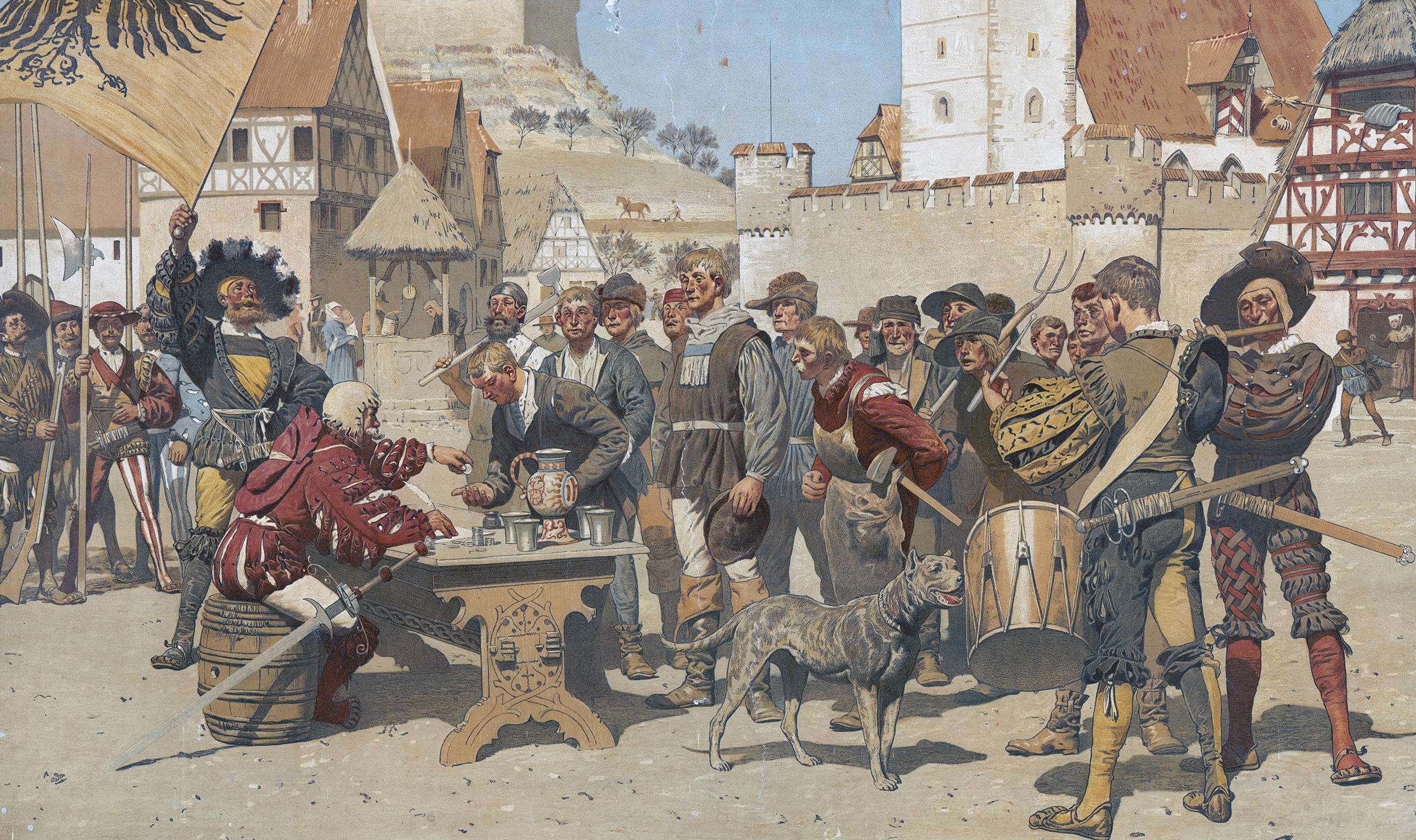 Dessin représentant l enrôlement de mercenaires à l époque de la Renaissance