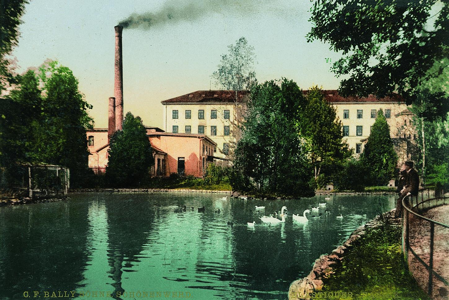 1868年的巴利彈性織物廠。該建築物於1959年拆除，為新的男鞋工廠騰出場地。