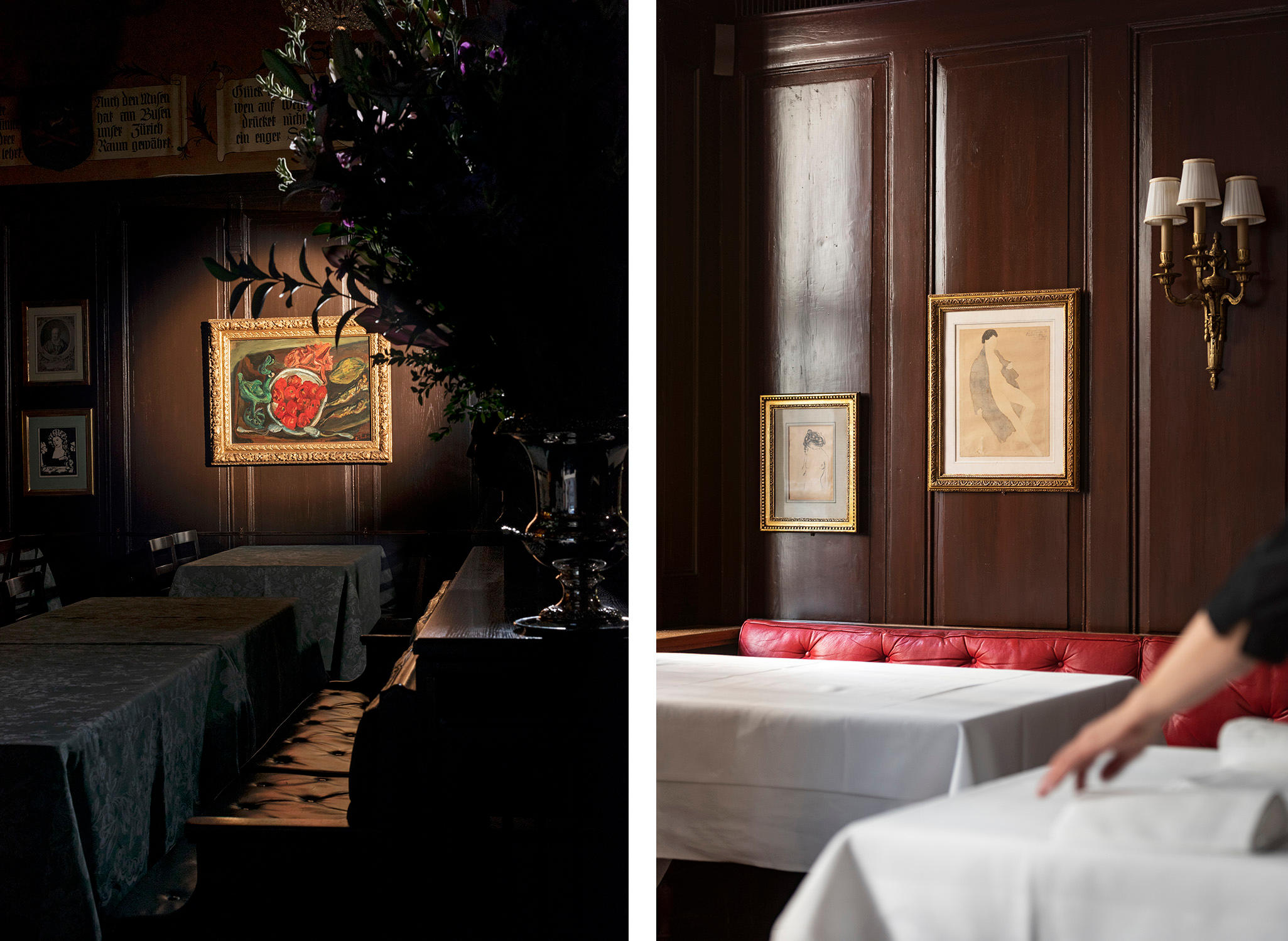 Deux salles de restaurant avec des tableaux aux murs