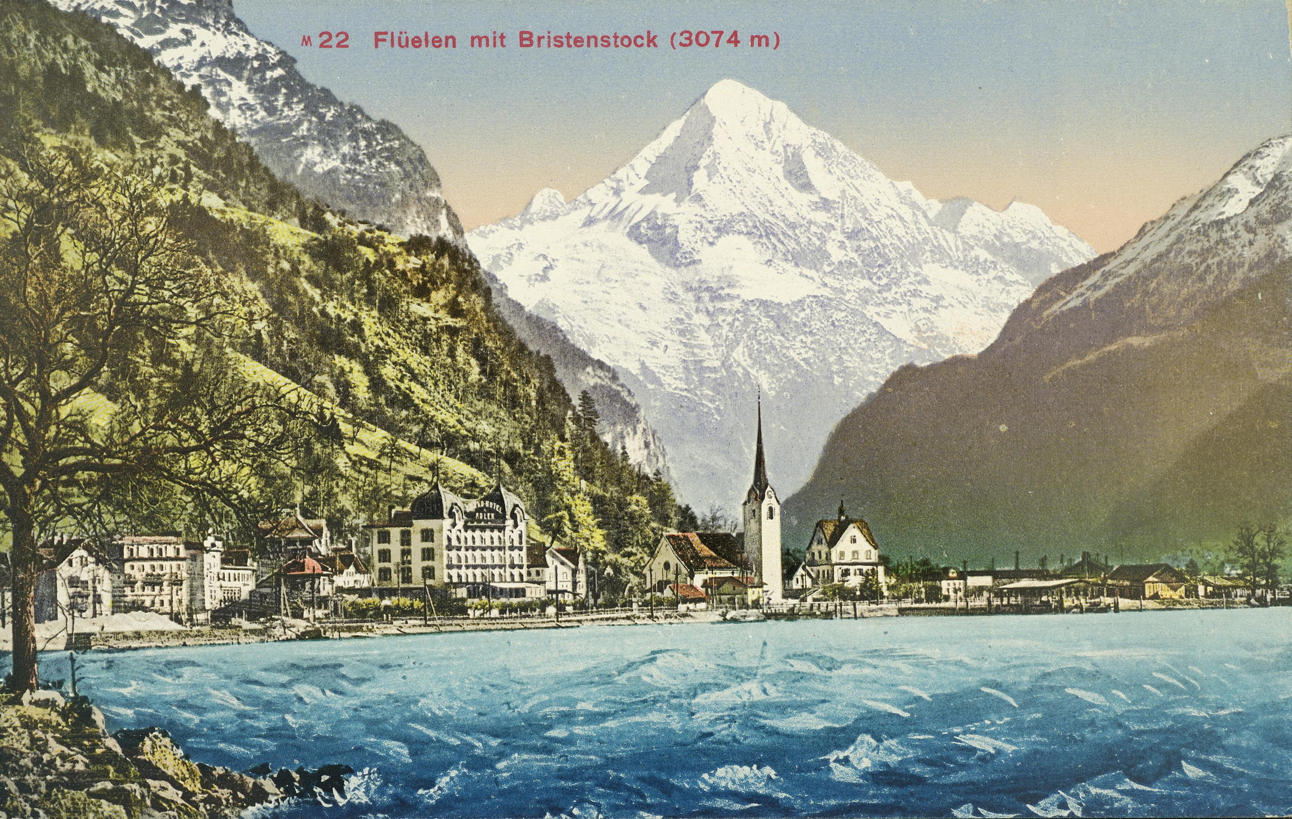 Imagen de 1900 de un lago y montañas suizos.