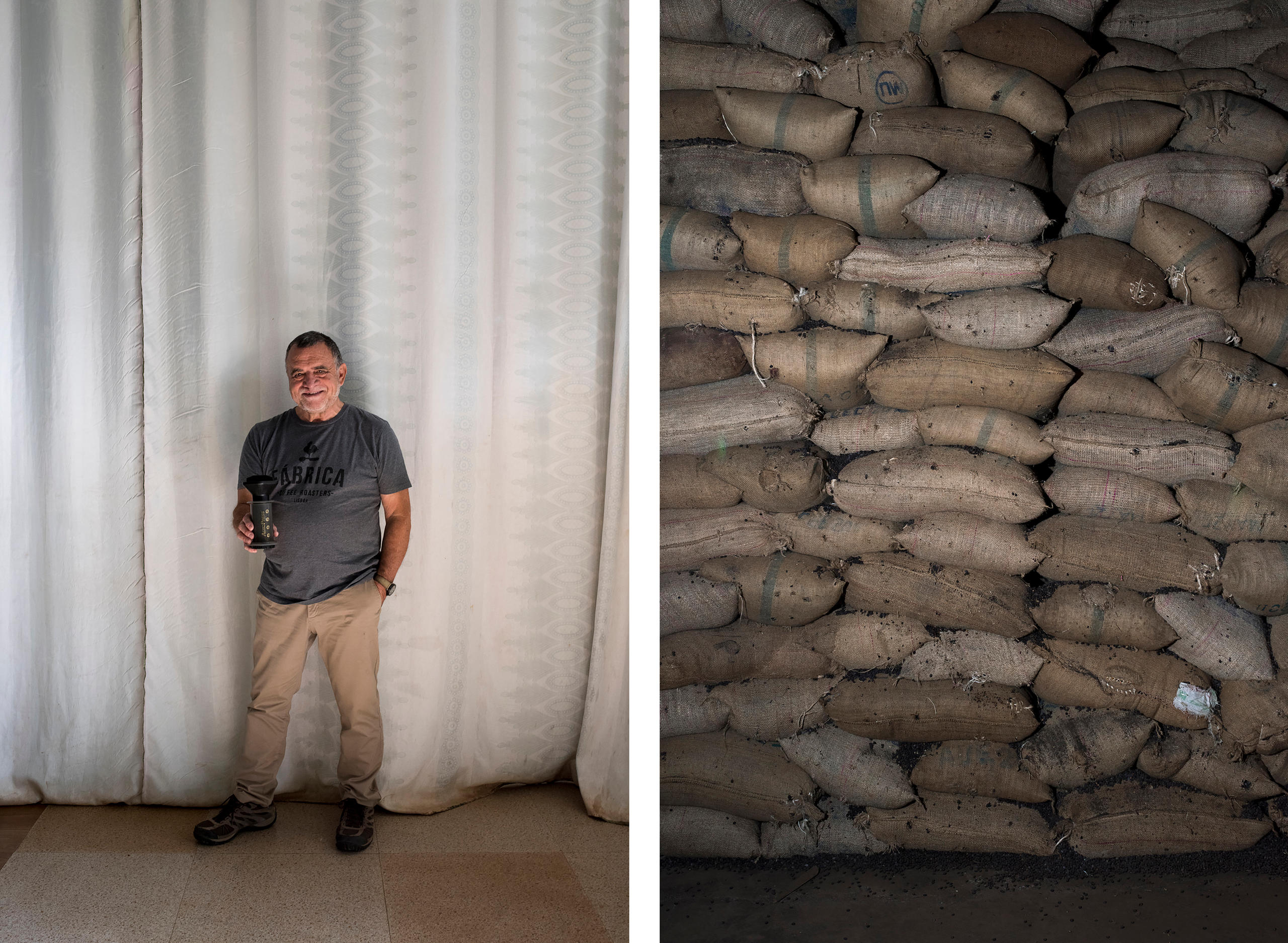 صورة راؤول ريس (على اليسار) وموقع مخصص لتخزين أكياس القهوة (على اليسار)