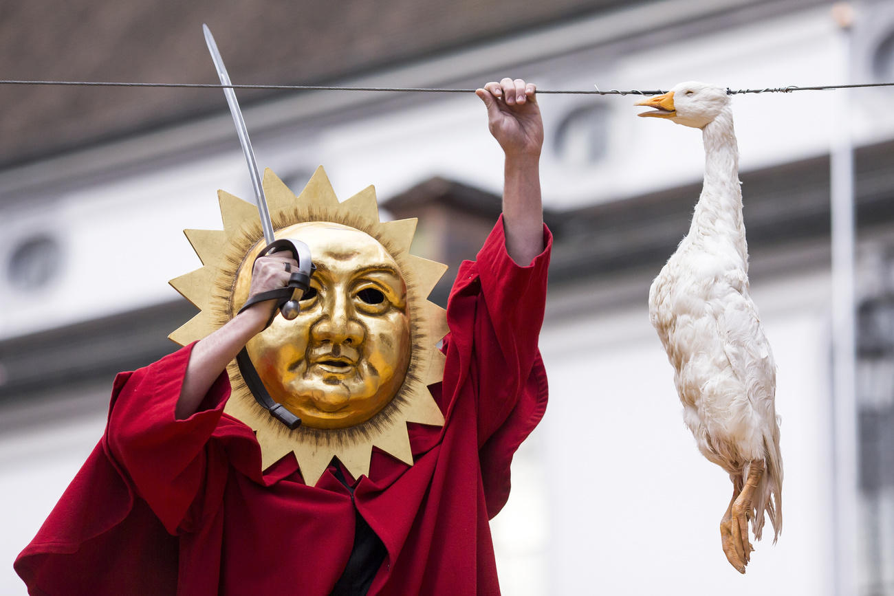 A masked man tries to behead a dead swan.