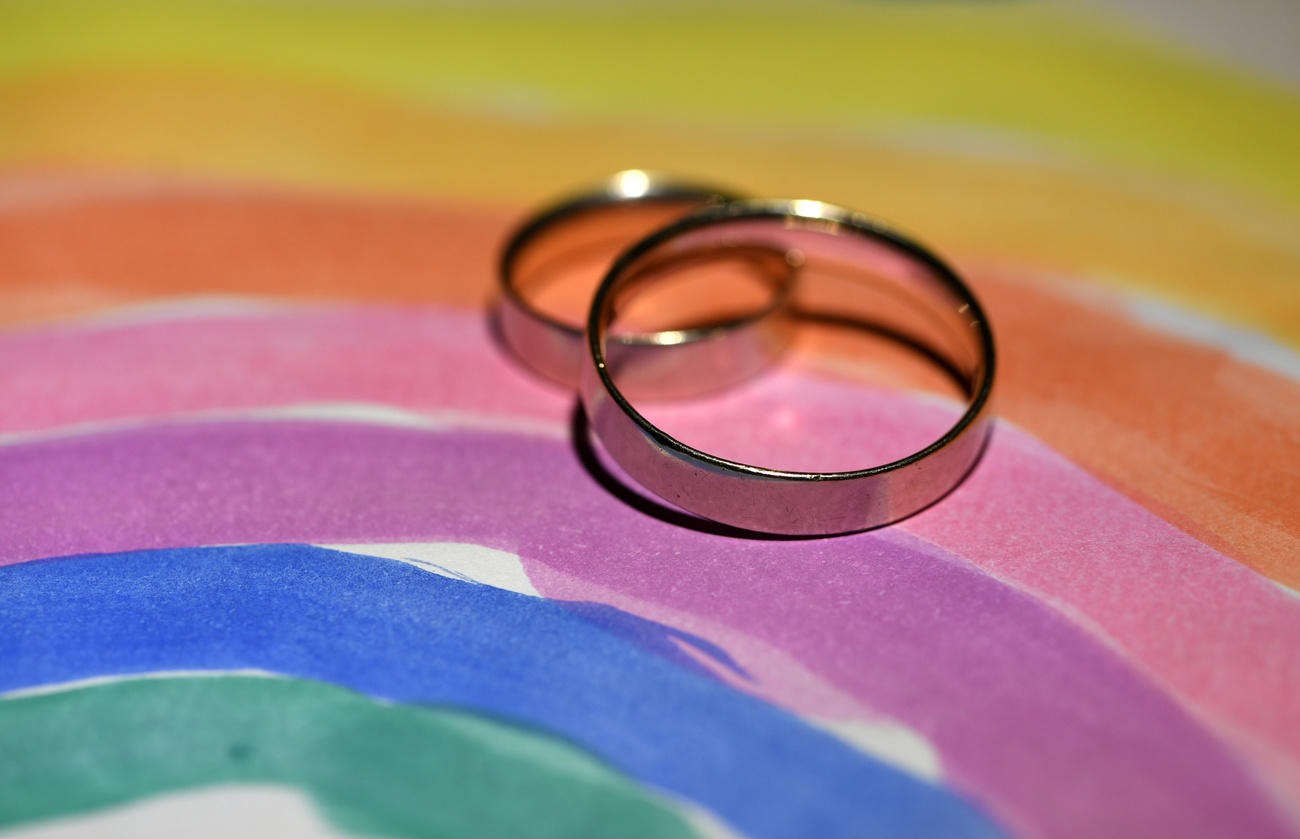 Two wedding rings on rainbow coulour sheet