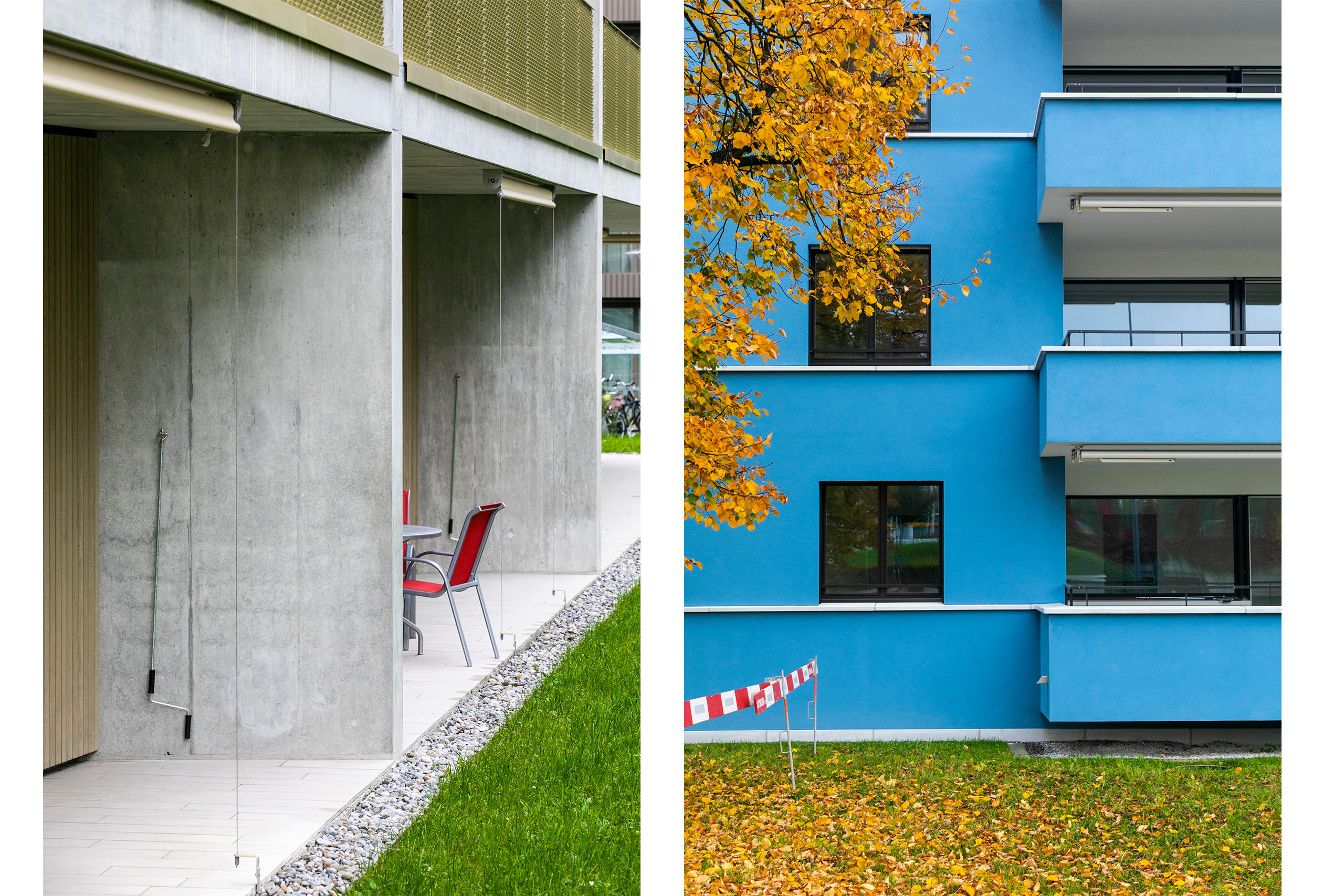 Zwei Bilder: Nahaufnahmen von Balkon und Sitzplatz