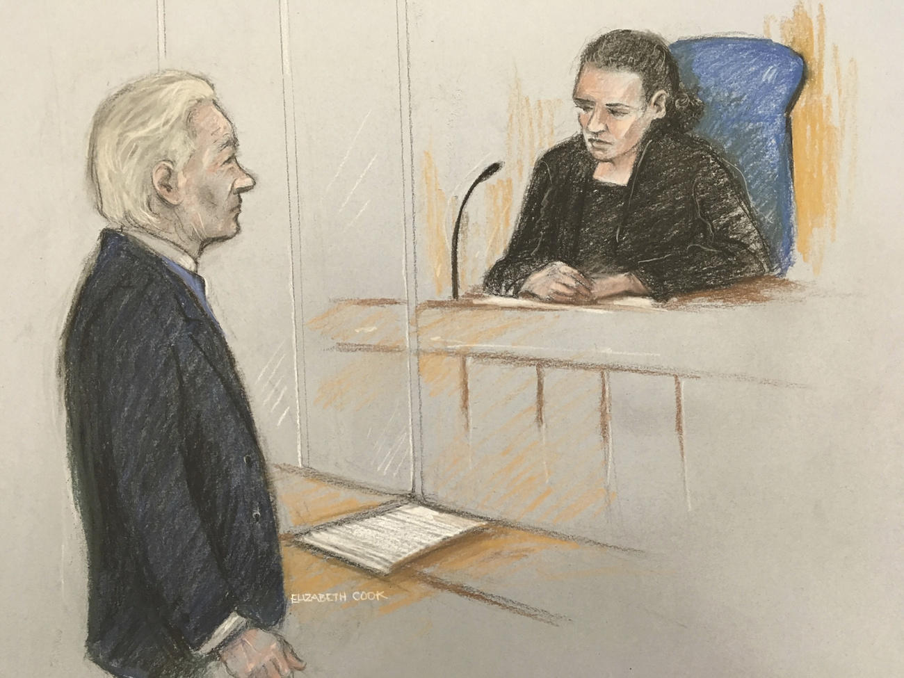 disegno di assange davanti a una giudice