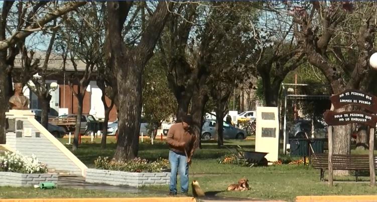 Un hombre barre en un una plaza.
