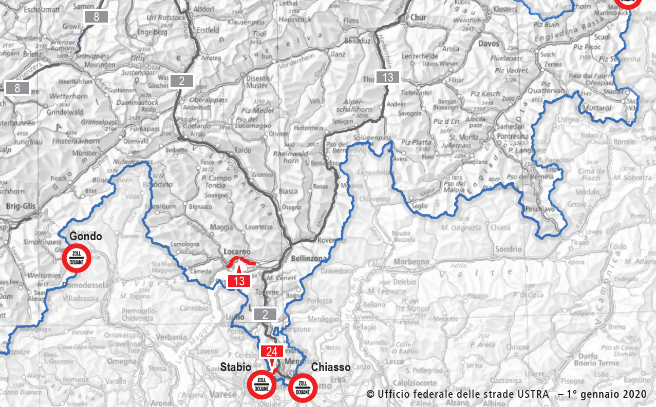 I tratti semi-autostradali A24 e A13 Magadino-Locarno indicati su una cartina della Svizzera in b/n