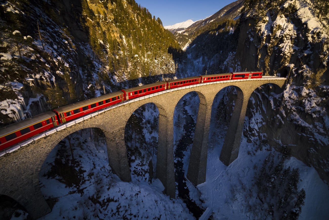 Train on scenic bridge in Alps