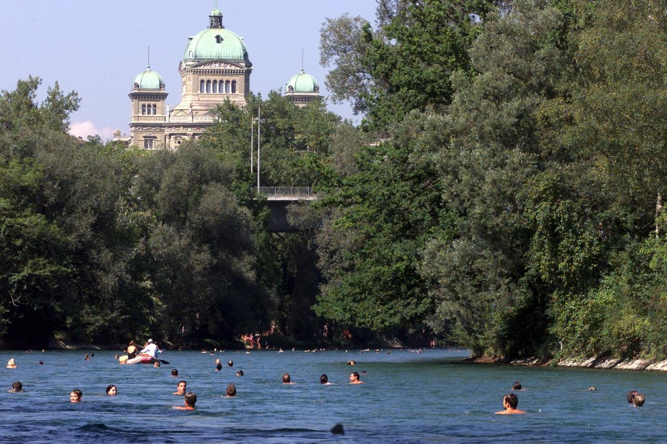 купальщики в Ааре на фоне Федерального дворца.