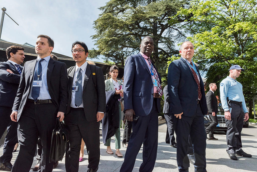 Diplomatic delegates after a special session of the WTO’s General Council