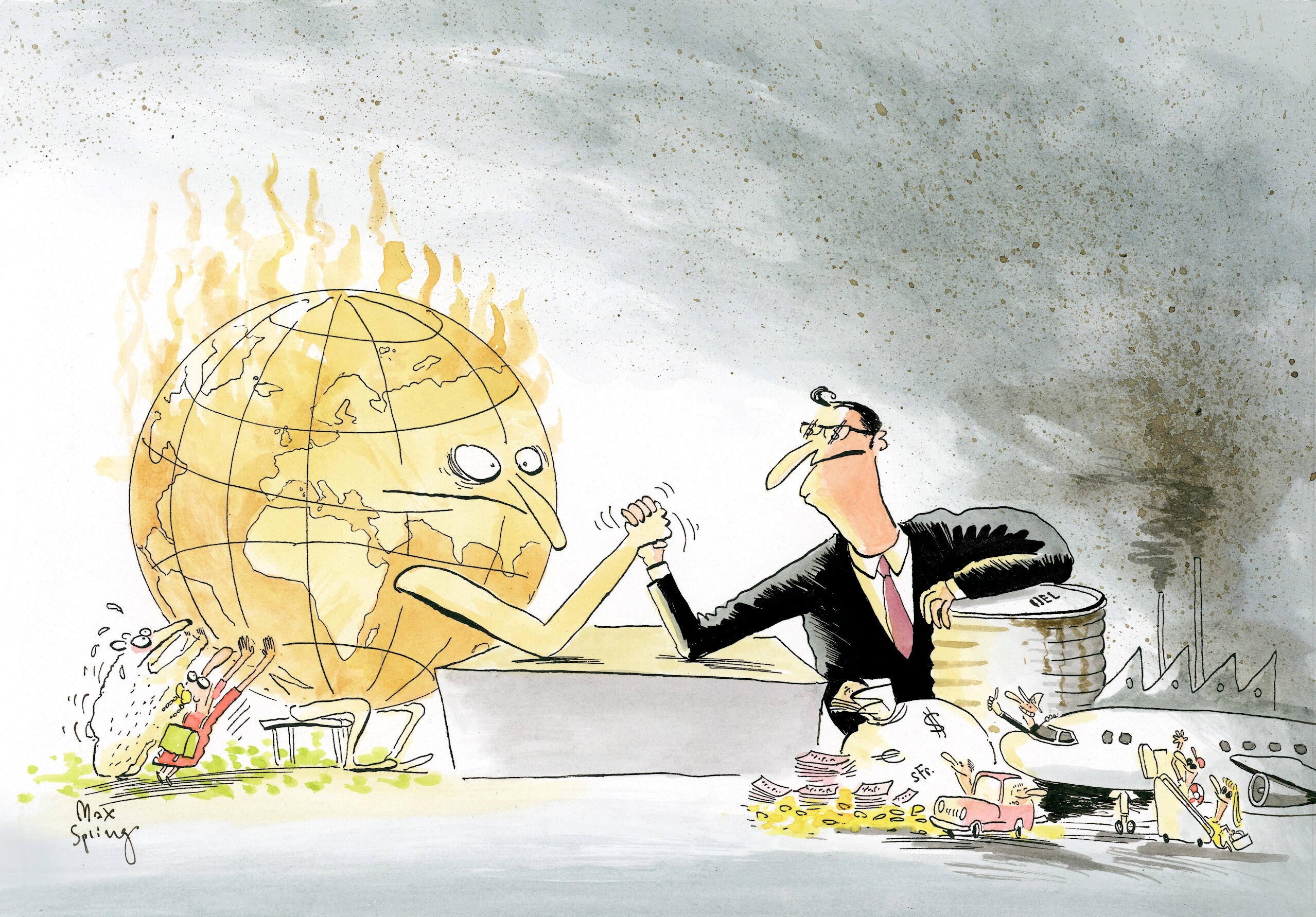 Burning globe wrestling with businessman