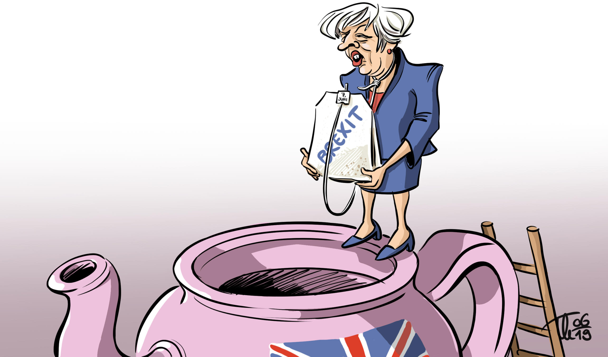 Theresa May prestes a salta dentro de uma chaleira