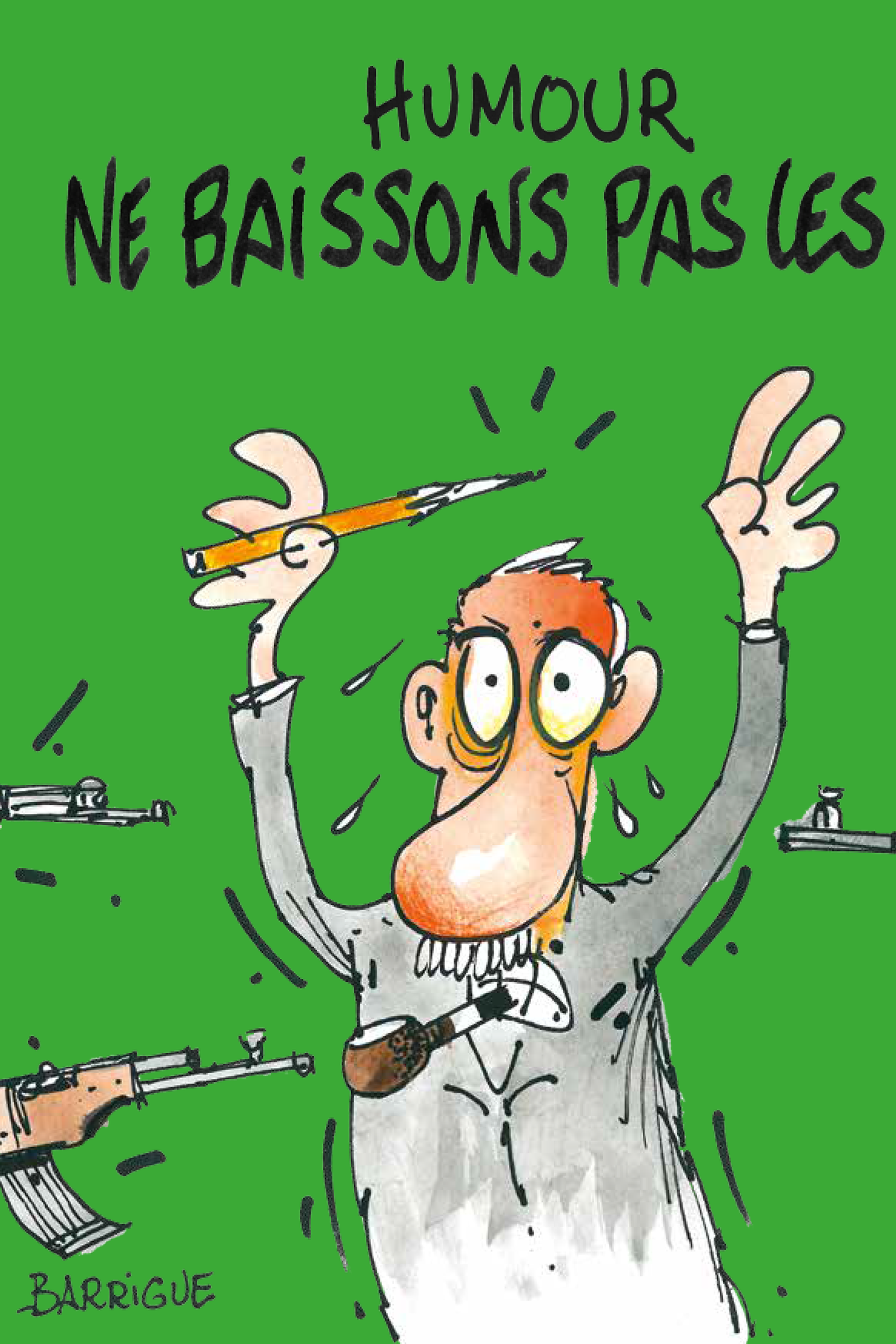Caricatura: Tres rifles apuntan a un hombre que mantiene los brazos en alto y un lapiz en la mano