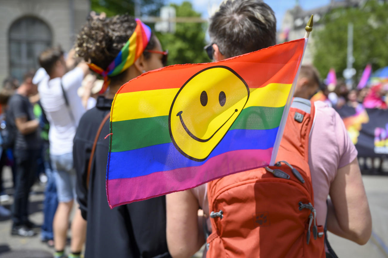 Demonstrators with rainbow flag