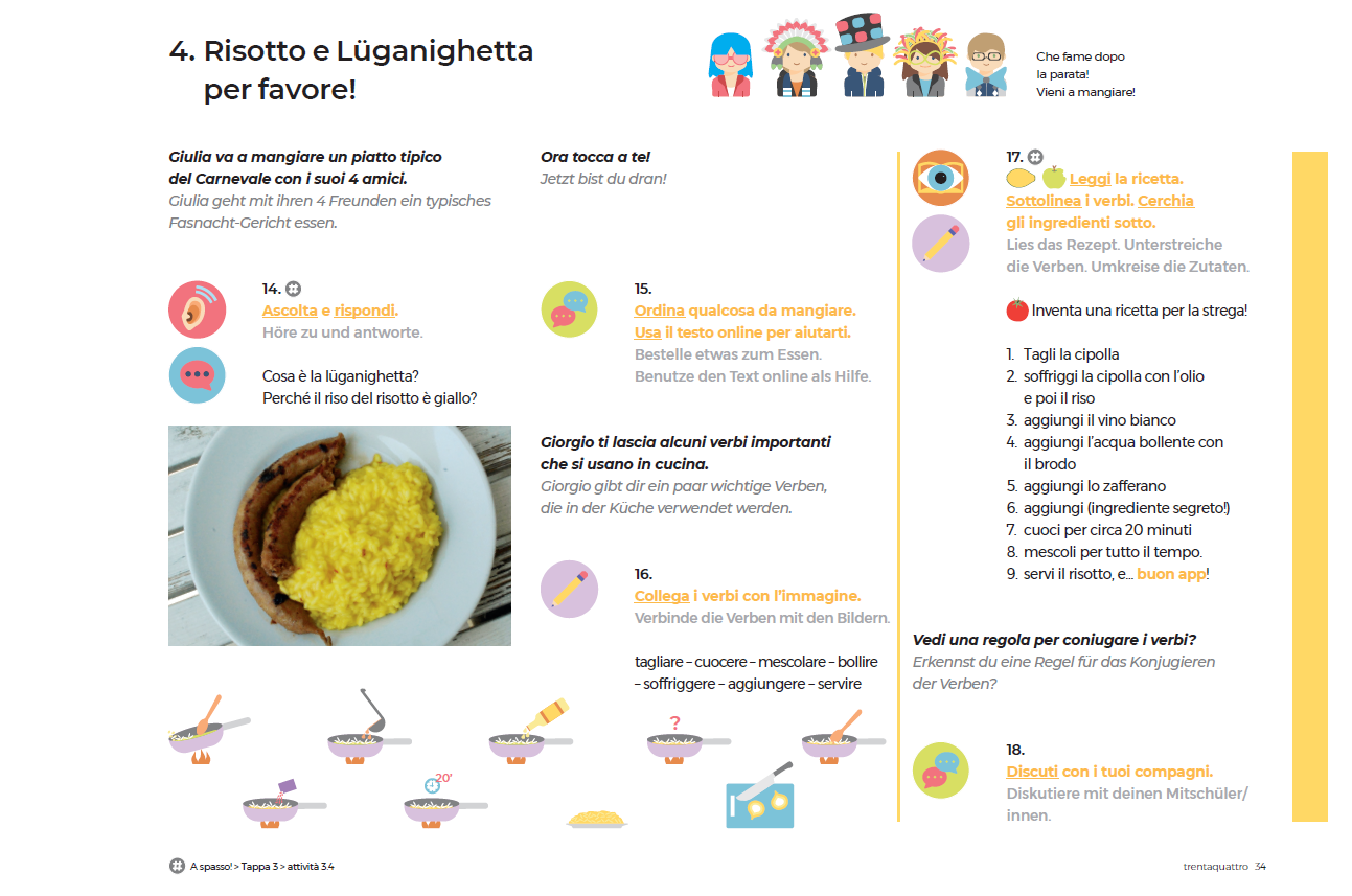 Pagina di un quaderno didattico con pittogrammi e frasi da completare