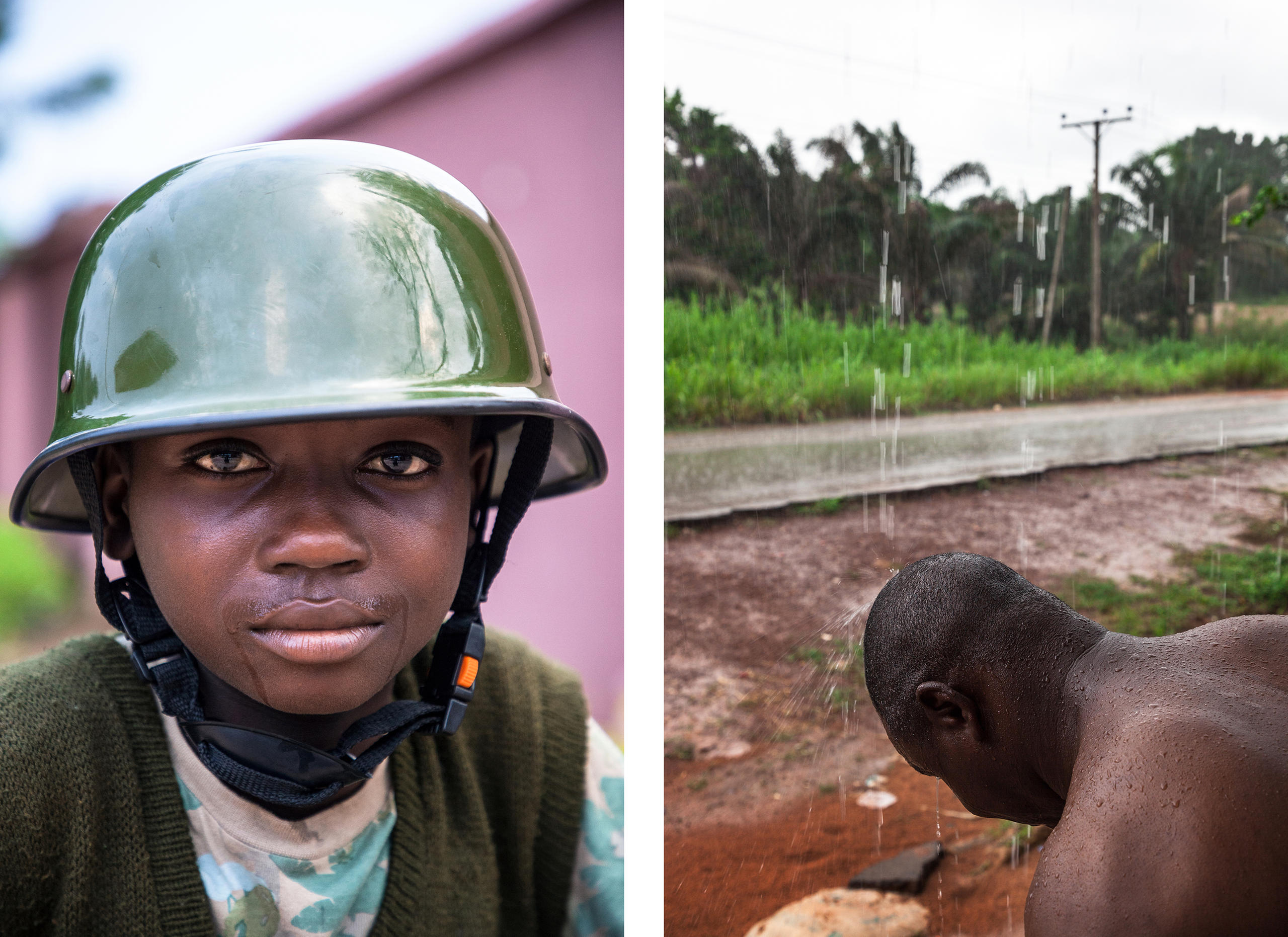 niño con casco militar y hombre con dorso desnudo