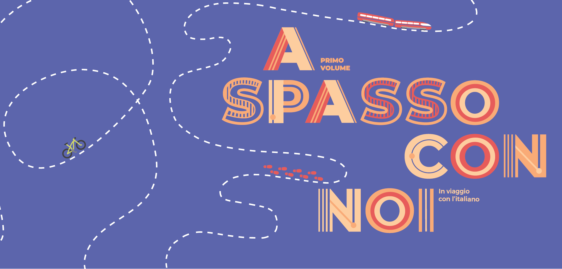 Copertina di fascicolo intitolato A spasso con noi, l effige di un treno e di impronte di scarpe tracciano una linea zigzagante