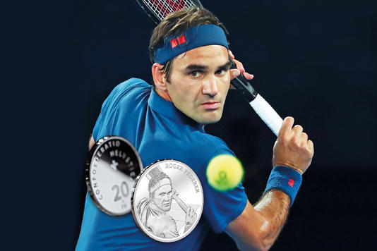 Roger Federer en posición de juego y una moneda con su imagen