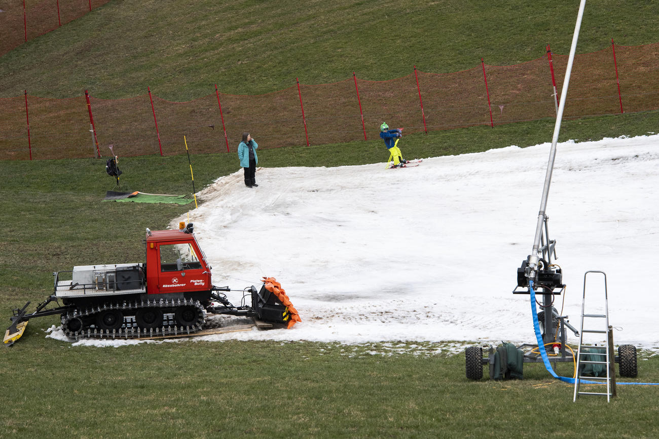 A ski slope covered with artificial snow, surrounded by grass