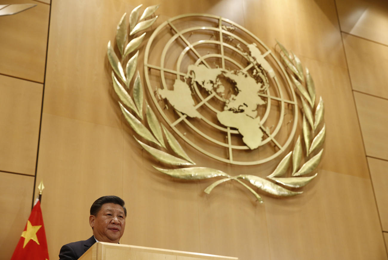 Chinese President Xi Jinping delivers a speech at the United Nations European headquarters in Geneva