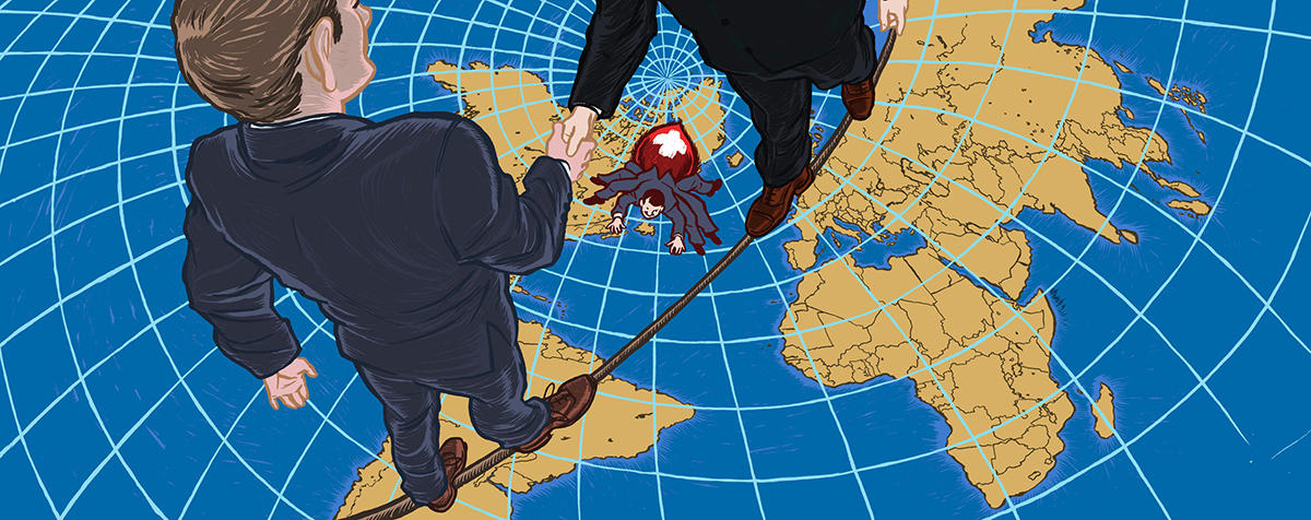 cartoon mit zwei Männern auf Hochseil über der Erdkugel