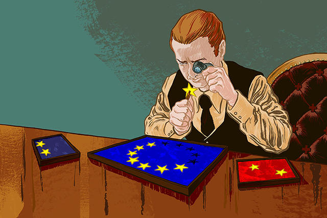 Zeichnung eines Mannes, der mit Lupe eine EU-Flagge betrachtet