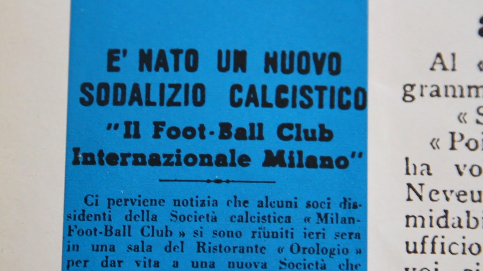 Un estratto di giornale dell epoca dove si dà la notizia della nascita del Football Club Internazionale di Milano