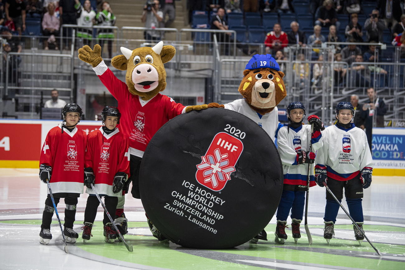 Ice hockey mascots on ice rink