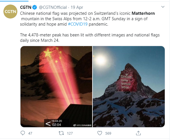 CTGN post on facebook showing Chinese map projected on snowy mountain